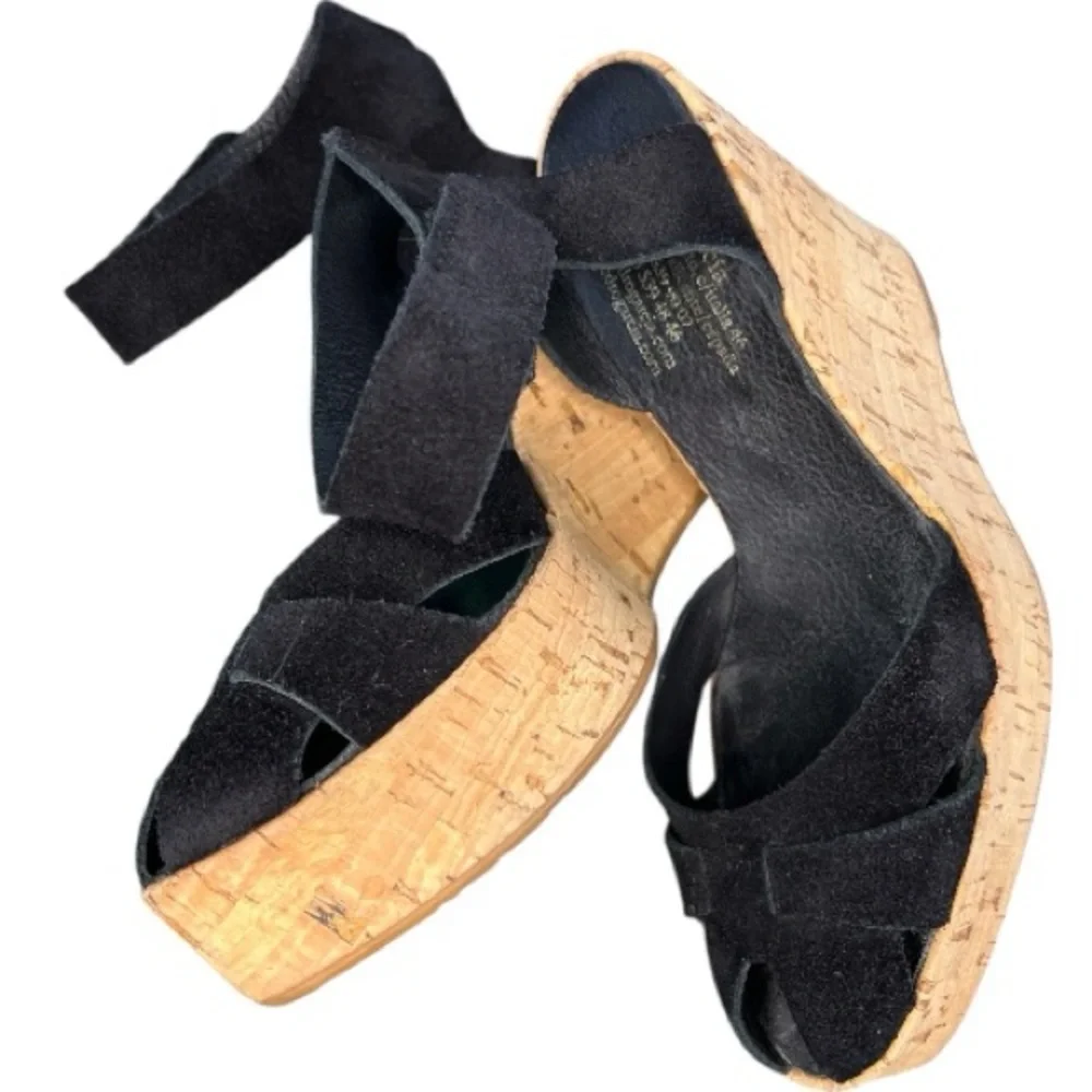 Pedro Garcia Black Suede Wedge Cork Wedge Sandals, Size 39EU, Size 9 US